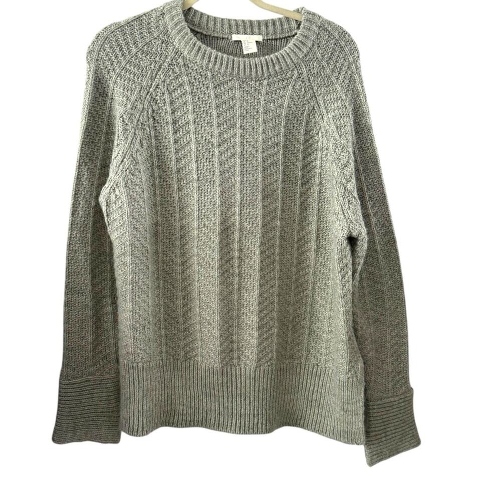 H&M Medium Gray Textured Knit Raglan Sleeve Crewneck Sweater Wool Blend Chunky